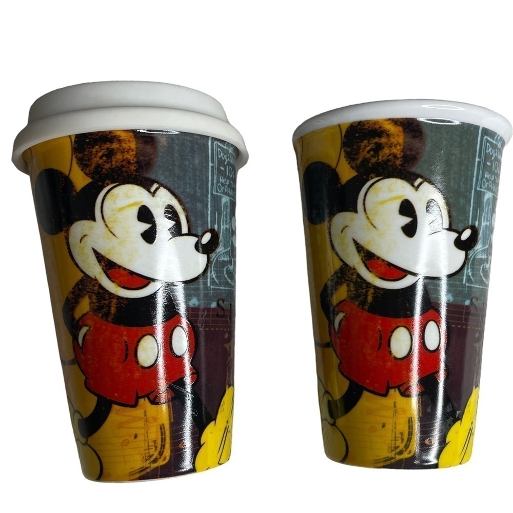 Disney Mickey Mouse Double Wall Porcelain Travel Mug Tumbler Yellow Vintage 2pc
